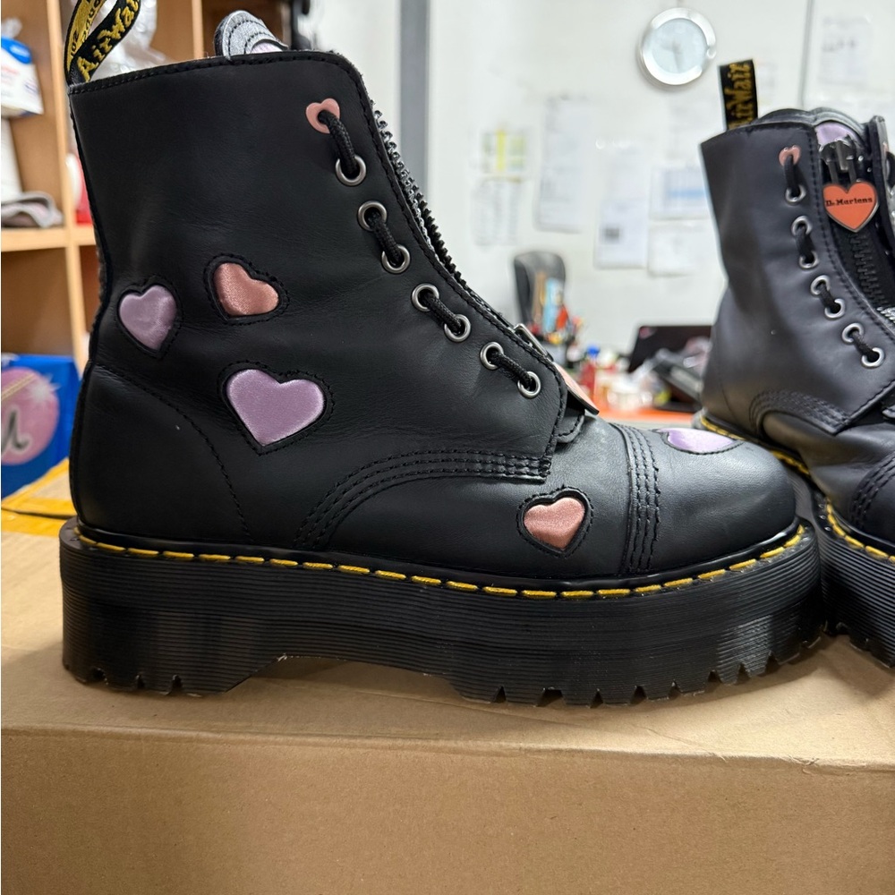 Dr. Martens Black Leather Platform Boots with Pink Heart Accents - Picture 3 of 5